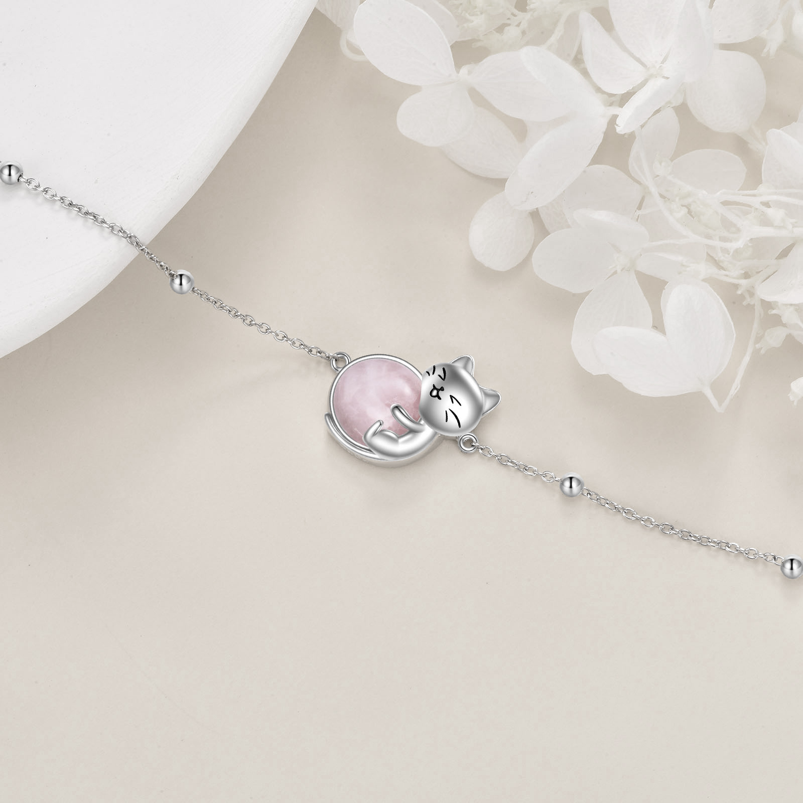 YFN 925 Silver Cat Bracelet with Rose Quartz Anklet